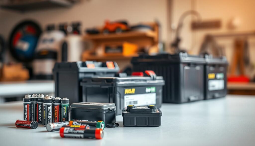 An assortment of common lawn mower battery types neatly arranged on a clean, well-lit workbench. In the foreground, a selection of AA, AAA, and 9V batteries, while in the middle ground, larger lead-acid and lithium-ion batteries typical of electric lawn mowers stand upright. The background is softly blurred, with a warm, natural light filtering in, creating a professional, educational atmosphere. The composition is balanced, the focus is clear, and the overall image conveys a sense of technical understanding and expertise. An assortment of common lawn mower battery types neatly arranged on a clean, well-lit workbench. In the foreground, a selection of AA, AAA, and 9V batteries, while in the middle ground, larger lead-acid and lithium-ion batteries typical of electric lawn mowers stand upright. The background is softly blurred, with a warm, natural light filtering in, creating a professional, educational atmosphere. The composition is balanced, the focus is clear, and the overall image conveys a sense of technical understanding and expertise.