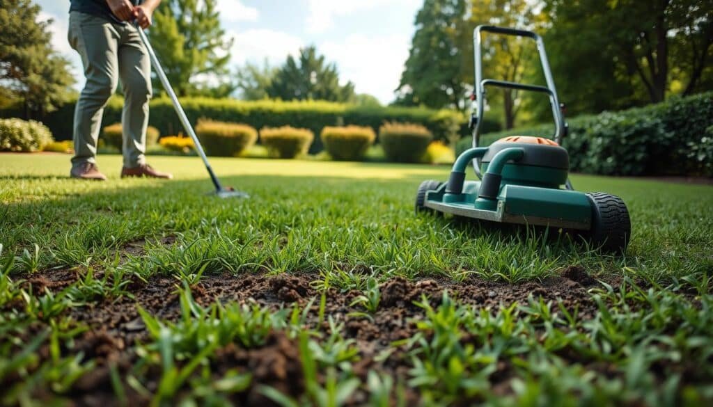 An expansive lawn, freshly laid sod, awaits the first mowing. In the foreground, a person in casual attire carefully inspects the soil, assessing its readiness. The middle ground reveals a push mower, its blades gleaming in the soft, diffused sunlight filtering through wispy clouds. In the background, a verdant backdrop of mature trees and shrubbery frames the scene, conveying a sense of tranquility and growth. The angle is slightly elevated, capturing the preparation process from an overhead perspective, emphasizing the care and attention required to properly prepare the new sod for its inaugural cut. The mood is one of anticipation and the promise of a lush, well-maintained lawn to come. An expansive lawn, freshly laid sod, awaits the first mowing. In the foreground, a person in casual attire carefully inspects the soil, assessing its readiness. The middle ground reveals a push mower, its blades gleaming in the soft, diffused sunlight filtering through wispy clouds. In the background, a verdant backdrop of mature trees and shrubbery frames the scene, conveying a sense of tranquility and growth. The angle is slightly elevated, capturing the preparation process from an overhead perspective, emphasizing the care and attention required to properly prepare the new sod for its inaugural cut. The mood is one of anticipation and the promise of a lush, well-maintained lawn to come.