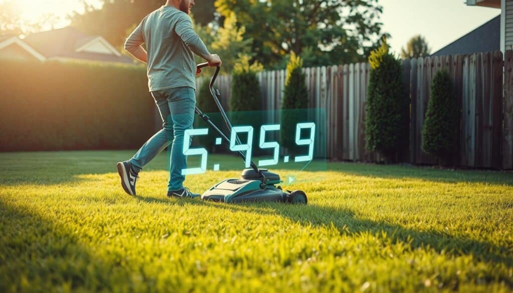 An idyllic backyard lawn, lush and verdant, stretches out under the warm afternoon sun. In the foreground, a person diligently mows the grass, their movements captured in a dynamic mid-stride pose. Sweat glistens on their brow as they push the mower, its engine a steady hum. Superimposed over the scene, a holographic display presents a calorie-burning calculation, the numbers flashing and updating in real-time to illustrate the physical effort involved. The background features a picturesque suburban setting, with neatly trimmed hedges and a weathered wooden fence framing the composition. Soft, diffused lighting creates a sense of warmth and tranquility, complementing the healthy, vibrant lawn and the person's focused, determined expression. An idyllic backyard lawn, lush and verdant, stretches out under the warm afternoon sun. In the foreground, a person diligently mows the grass, their movements captured in a dynamic mid-stride pose. Sweat glistens on their brow as they push the mower, its engine a steady hum. Superimposed over the scene, a holographic display presents a calorie-burning calculation, the numbers flashing and updating in real-time to illustrate the physical effort involved. The background features a picturesque suburban setting, with neatly trimmed hedges and a weathered wooden fence framing the composition. Soft, diffused lighting creates a sense of warmth and tranquility, complementing the healthy, vibrant lawn and the person's focused, determined expression.