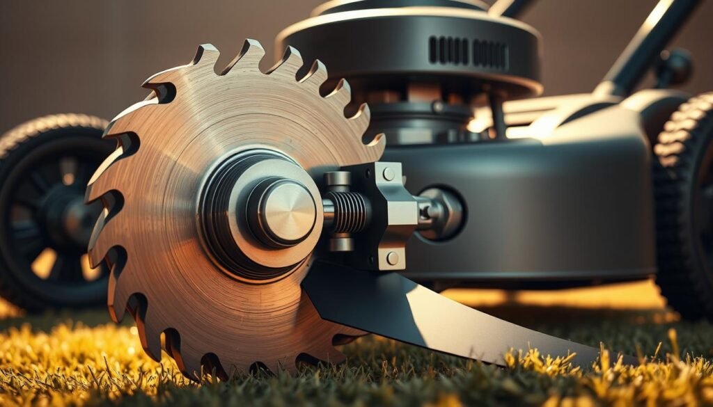 Detailed cross-section of a reverse-threaded lawn mower blade mechanism, showcasing the intricate mechanics. In the foreground, a finely rendered metal blade with a distinctive counter-clockwise thread pattern, precisely fitted into a sturdy metal hub. The middle ground reveals the blade's connection to the mower's drive shaft, with gears and linkages precisely engineered to transfer rotational force in a reverse direction. The background features a sleek, minimalist lawn mower chassis, bathed in warm, directional lighting that casts subtle shadows, highlighting the mechanical elegance of the reverse thread design. Detailed cross-section of a reverse-threaded lawn mower blade mechanism, showcasing the intricate mechanics. In the foreground, a finely rendered metal blade with a distinctive counter-clockwise thread pattern, precisely fitted into a sturdy metal hub. The middle ground reveals the blade's connection to the mower's drive shaft, with gears and linkages precisely engineered to transfer rotational force in a reverse direction. The background features a sleek, minimalist lawn mower chassis, bathed in warm, directional lighting that casts subtle shadows, highlighting the mechanical elegance of the reverse thread design.
