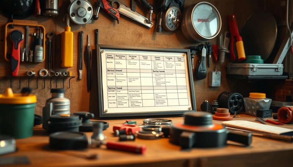 Detailed lawn mower maintenance schedule displayed on a well-lit workbench, with various tools and spare parts neatly organized. The schedule is presented in a clean, easy-to-read format, highlighting key service intervals and tasks. Warm, natural lighting illuminates the scene, creating a sense of order and organization. The angle is slightly elevated, allowing the viewer to get a comprehensive overview of the maintenance plan. The atmosphere conveys a proactive, preventative approach to lawn mower care, emphasizing the importance of regular upkeep to avoid potential issues like backfiring. Detailed lawn mower maintenance schedule displayed on a well-lit workbench, with various tools and spare parts neatly organized. The schedule is presented in a clean, easy-to-read format, highlighting key service intervals and tasks. Warm, natural lighting illuminates the scene, creating a sense of order and organization. The angle is slightly elevated, allowing the viewer to get a comprehensive overview of the maintenance plan. The atmosphere conveys a proactive, preventative approach to lawn mower care, emphasizing the importance of regular upkeep to avoid potential issues like backfiring.