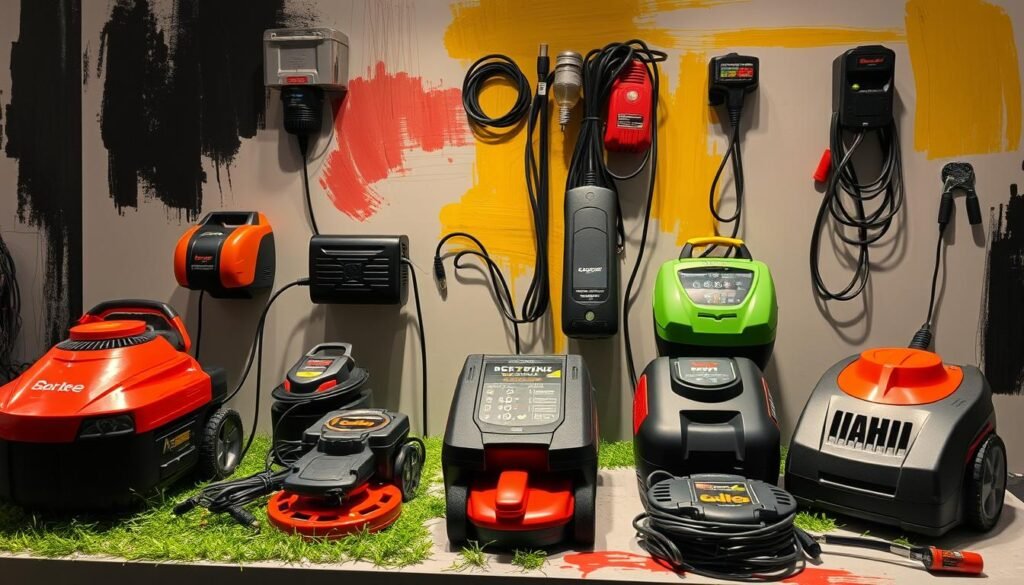 Image of various lawn mower battery chargers on display Image of various lawn mower battery chargers on display