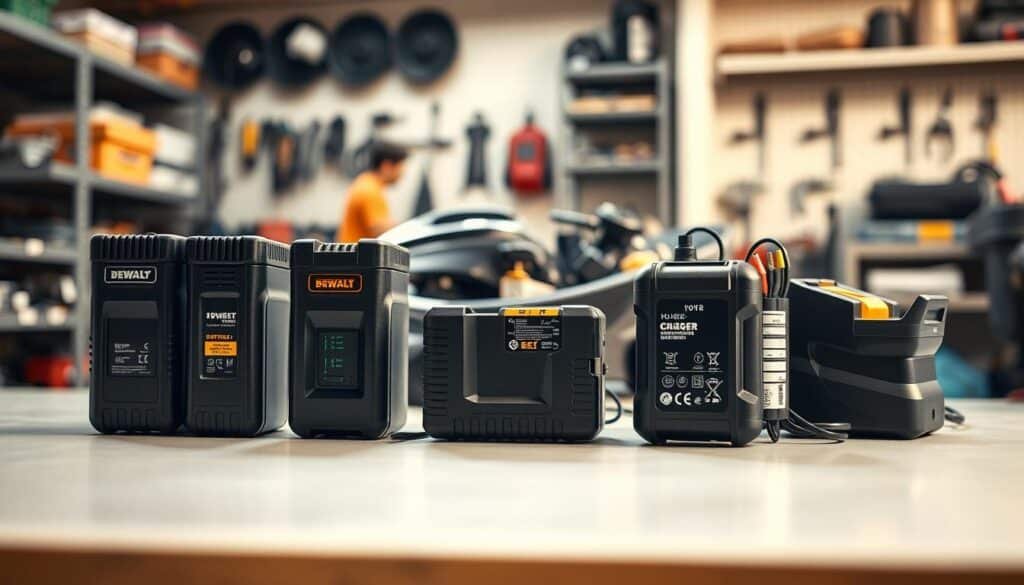 Lawn mower battery charger selection, displayed on a clean, well-lit workbench. In the foreground, various charger models are neatly arranged, showcasing their distinct features and compatibility indicators. The middle ground features a disassembled lawn mower, highlighting the battery compartment and the importance of choosing the right charger. The background is a softly blurred workshop setting, with shelves of tools and spare parts, conveying a sense of organized professionalism. The lighting is warm and natural, casting subtle shadows that accentuate the chargers' forms. The overall mood is one of informed decision-making, with the chargers presented as the key to maintaining a well-functioning lawn mower battery. Lawn mower battery charger selection, displayed on a clean, well-lit workbench. In the foreground, various charger models are neatly arranged, showcasing their distinct features and compatibility indicators. The middle ground features a disassembled lawn mower, highlighting the battery compartment and the importance of choosing the right charger. The background is a softly blurred workshop setting, with shelves of tools and spare parts, conveying a sense of organized professionalism. The lighting is warm and natural, casting subtle shadows that accentuate the chargers' forms. The overall mood is one of informed decision-making, with the chargers presented as the key to maintaining a well-functioning lawn mower battery.