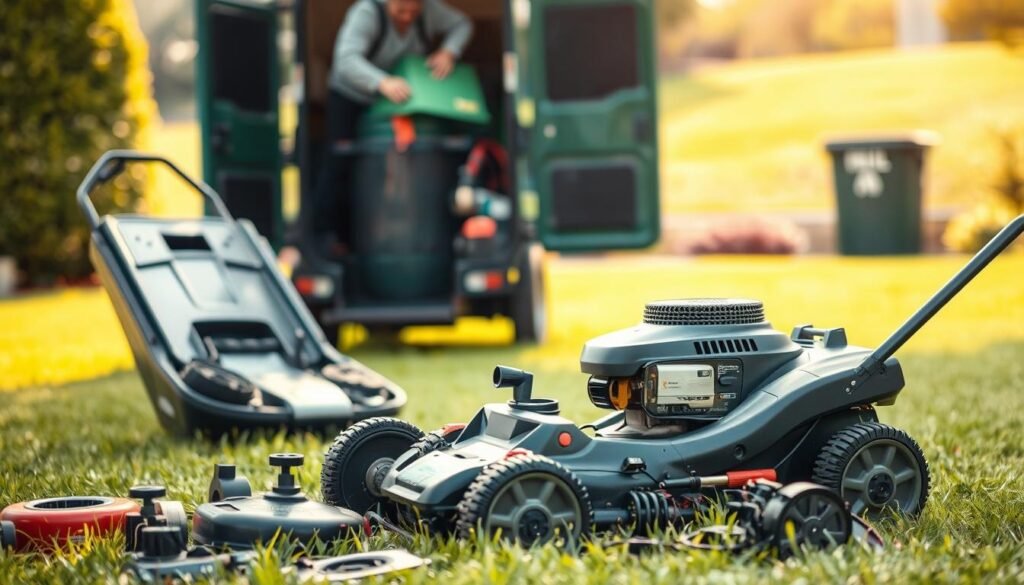 Lawn mower recycling options: a photo showcasing various recycling methods for used lawn mowers. In the foreground, a lawn mower is disassembled, with its individual components neatly arranged. In the middle ground, a person is loading parts into a recycling bin or a specialized recycling service vehicle. The background features a well-manicured lawn, suggesting the responsible disposal of the equipment. The scene is lit with warm, natural lighting, creating a sense of environmental consciousness and sustainability. The camera angle is slightly elevated, providing a comprehensive view of the recycling process.
