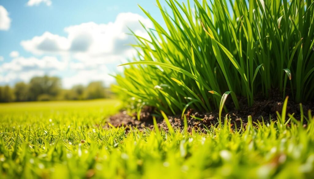 Lush green lawn bathed in soft, warm sunlight, with scattered fluffy white clouds in a clear blue sky. In the foreground, freshly aerated soil, dark and crumbly, ready for new grass growth. Gentle breeze ruffles the blades, hinting at ideal mowing conditions. Vibrant shades of green, from the newly exposed earth to the established turf, create a harmonious palette. A picture of the perfect time to mow after aeration - not too wet, not too dry, just the right balance for a healthy, well-maintained lawn. Lush green lawn bathed in soft, warm sunlight, with scattered fluffy white clouds in a clear blue sky. In the foreground, freshly aerated soil, dark and crumbly, ready for new grass growth. Gentle breeze ruffles the blades, hinting at ideal mowing conditions. Vibrant shades of green, from the newly exposed earth to the established turf, create a harmonious palette. A picture of the perfect time to mow after aeration - not too wet, not too dry, just the right balance for a healthy, well-maintained lawn.