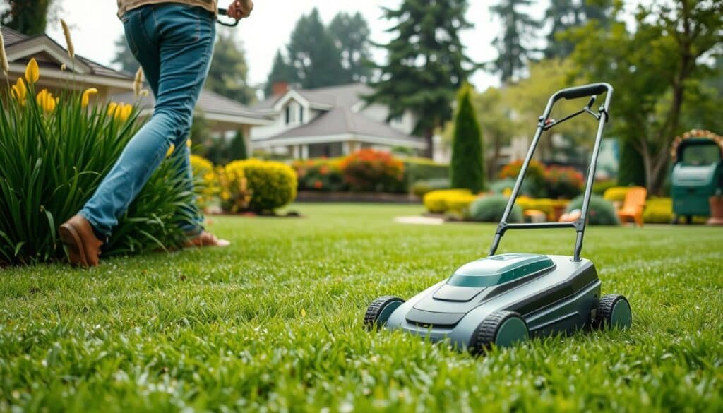 Manicured green lawn glistens with morning dew, as a state-of-the-art electric lawn mower navigates the lush landscape. In the foreground, the mower's sleek, modern design contrasts with the natural setting, while its quiet, efficient motor hums softly. In the middle ground, the mower's operator carefully maneuvers around wet patches, mindful of the potential challenges and benefits of cutting grass in damp conditions. The background features a picturesque suburban neighborhood, with well-tended gardens and towering trees, conveying a sense of tranquility and environmental awareness. The overall scene captures the pros and cons of using an electric mower on a wet lawn - the convenience and eco-friendliness of the technology balanced against the need for extra caution and attention to detail. Manicured green lawn glistens with morning dew, as a state-of-the-art electric lawn mower navigates the lush landscape. In the foreground, the mower's sleek, modern design contrasts with the natural setting, while its quiet, efficient motor hums softly. In the middle ground, the mower's operator carefully maneuvers around wet patches, mindful of the potential challenges and benefits of cutting grass in damp conditions. The background features a picturesque suburban neighborhood, with well-tended gardens and towering trees, conveying a sense of tranquility and environmental awareness. The overall scene captures the pros and cons of using an electric mower on a wet lawn - the convenience and eco-friendliness of the technology balanced against the need for extra caution and attention to detail.