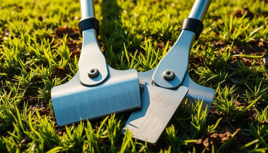 Sharp, glistening mower blades against a backdrop of freshly laid sod, capturing the essence of "Preparing My Lawn and Equipment for the First Mow". The blades, meticulously sharpened, reflect the sunlight, signaling their readiness to slice through the lush, verdant grass. The sod, a rich, earthy tone, provides a natural setting, emphasizing the importance of proper lawn preparation before the initial mowing. The scene is bathed in a warm, golden light, creating a sense of anticipation and the promise of a healthy, thriving lawn to come. The camera angle is slightly elevated, allowing the viewer to appreciate the intricate details of the sharp, well-maintained blades, ready to tackle the new sod with precision and care.