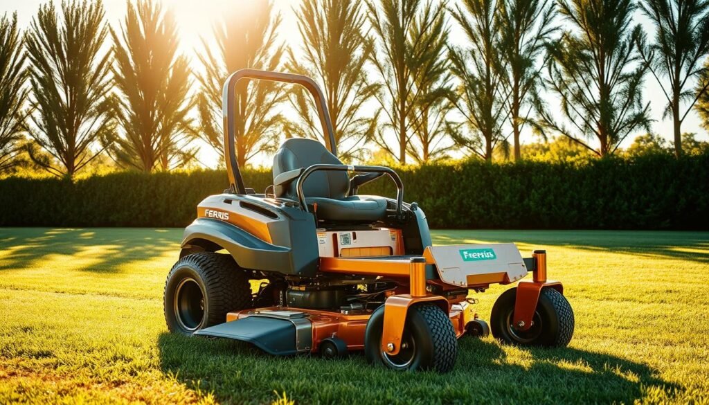 A Ferris zero-turn mower in a lush, verdant landscape. The mower's sleek, metallic frame gleams under the warm, golden sunlight, showcasing its precision-engineered design. The large, high-traction tires grip the ground firmly, allowing for effortless maneuverability around obstacles and tight spaces. The mower's cutting deck, adorned with razor-sharp blades, stands ready to deliver a pristine, even cut to the well-manicured lawn. In the background, a row of tall, swaying trees frames the scene, creating a peaceful, natural ambiance. The image conveys the power, efficiency, and versatility of the Ferris zero-turn mower, perfectly suited for the high-performance demands of professional landscaping.