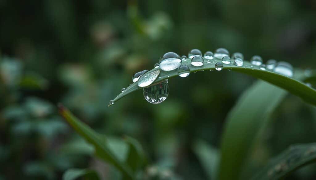 A close-up macro shot of water droplets forming on a green leaf, with a blurred natural background of plants and foliage. Crisp, high-resolution details showcasing the intricate patterns and textures of the dew. Soft, diffused natural lighting from an overcast sky, creating a serene, atmospheric ambiance. Depth of field emphasizes the droplets in sharp focus, while the surrounding environment is gently out of focus. Convey a sense of scientific observation and exploration of the natural phenomenon of dew formation. A close-up macro shot of water droplets forming on a green leaf, with a blurred natural background of plants and foliage. Crisp, high-resolution details showcasing the intricate patterns and textures of the dew. Soft, diffused natural lighting from an overcast sky, creating a serene, atmospheric ambiance. Depth of field emphasizes the droplets in sharp focus, while the surrounding environment is gently out of focus. Convey a sense of scientific observation and exploration of the natural phenomenon of dew formation.