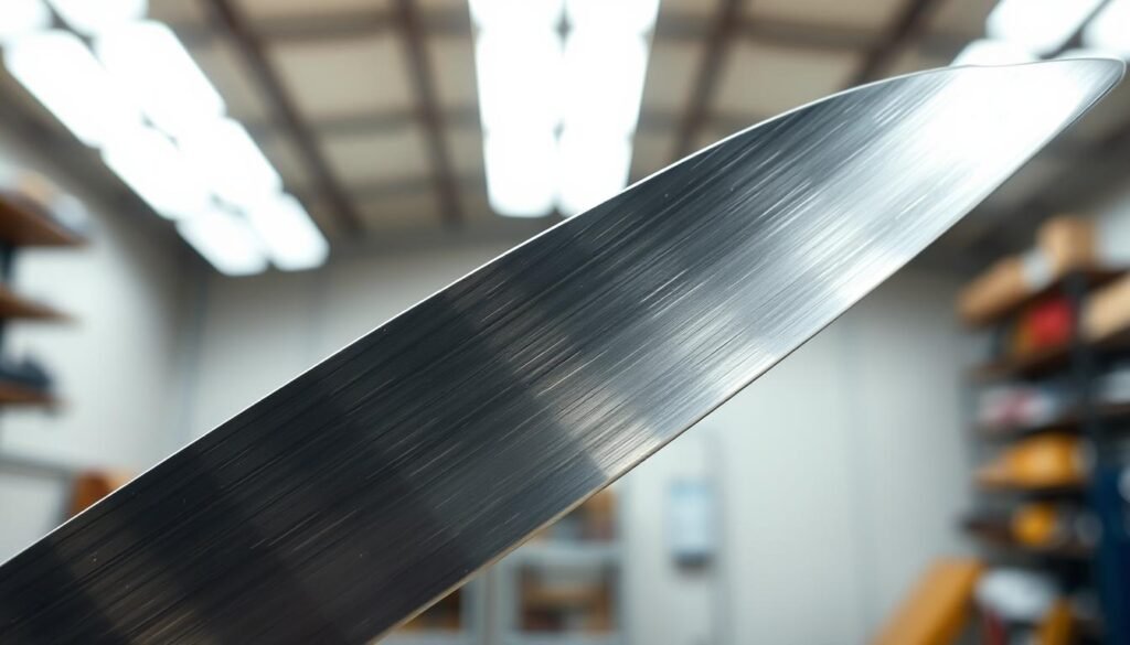 A close-up of a brand new, freshly manufactured mower blade. The blade is made of high-quality steel with a sharp, gleaming edge. It is positioned in a well-lit environment, possibly a hardware store or workshop, with soft, diffused lighting from multiple angles to accentuate the blade's sharpness and metallic sheen. The blade is captured at a slight angle, allowing the viewer to appreciate its sleek, linear design and the precision of its construction. The background is minimalist, with muted colors and simple textures to keep the focus on the blade itself, conveying a sense of anticipation and readiness for its intended use. A close-up of a brand new, freshly manufactured mower blade. The blade is made of high-quality steel with a sharp, gleaming edge. It is positioned in a well-lit environment, possibly a hardware store or workshop, with soft, diffused lighting from multiple angles to accentuate the blade's sharpness and metallic sheen. The blade is captured at a slight angle, allowing the viewer to appreciate its sleek, linear design and the precision of its construction. The background is minimalist, with muted colors and simple textures to keep the focus on the blade itself, conveying a sense of anticipation and readiness for its intended use.