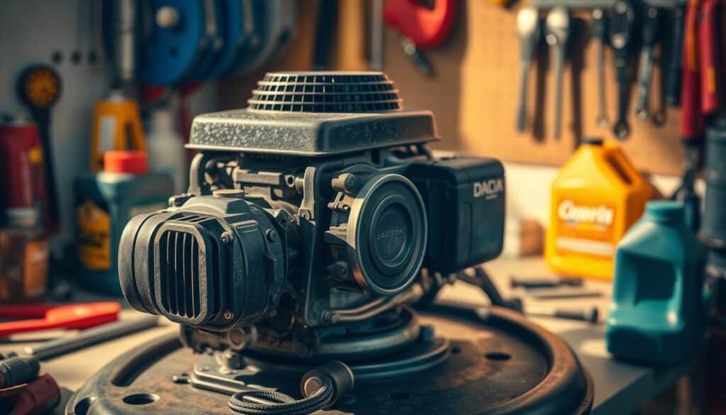 A close-up of a well-maintained lawn mower engine on a clean workshop bench, with various tools and oil cans neatly arranged around it. The engine is exposed, allowing a clear view of the inner workings. Warm, directional lighting casts shadows that emphasize the intricate mechanical details. The scene conveys a sense of diligent care and attention to proper maintenance procedures, perfect for illustrating a guide on choosing the right oil viscosity for lawn mower engines.