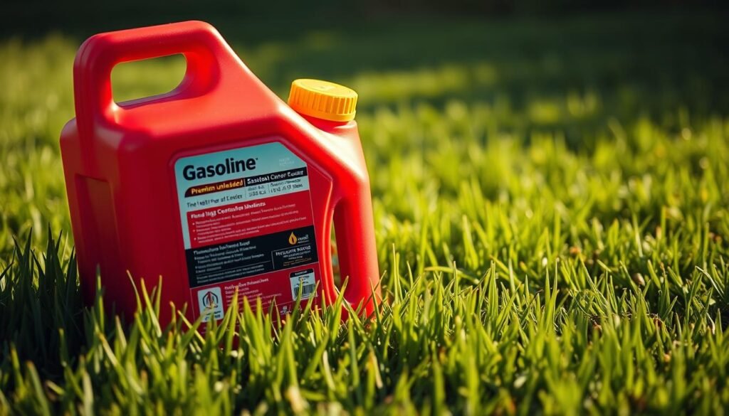 A close-up photograph of a red plastic gas container filled with premium unleaded gasoline, resting on a freshly mowed green lawn. The container has a yellow cap and detailed labeling. The lighting is natural and soft, creating warm highlights and subtle shadows that emphasize the texture and shape of the container. The background is slightly blurred, placing the fuel container as the central focus. The overall composition conveys a sense of simplicity and practicality, reflecting the straightforward nature of the topic "What Gas Goes in a Lawn Mower: The Basics". A close-up photograph of a red plastic gas container filled with premium unleaded gasoline, resting on a freshly mowed green lawn. The container has a yellow cap and detailed labeling. The lighting is natural and soft, creating warm highlights and subtle shadows that emphasize the texture and shape of the container. The background is slightly blurred, placing the fuel container as the central focus. The overall composition conveys a sense of simplicity and practicality, reflecting the straightforward nature of the topic "What Gas Goes in a Lawn Mower: The Basics".