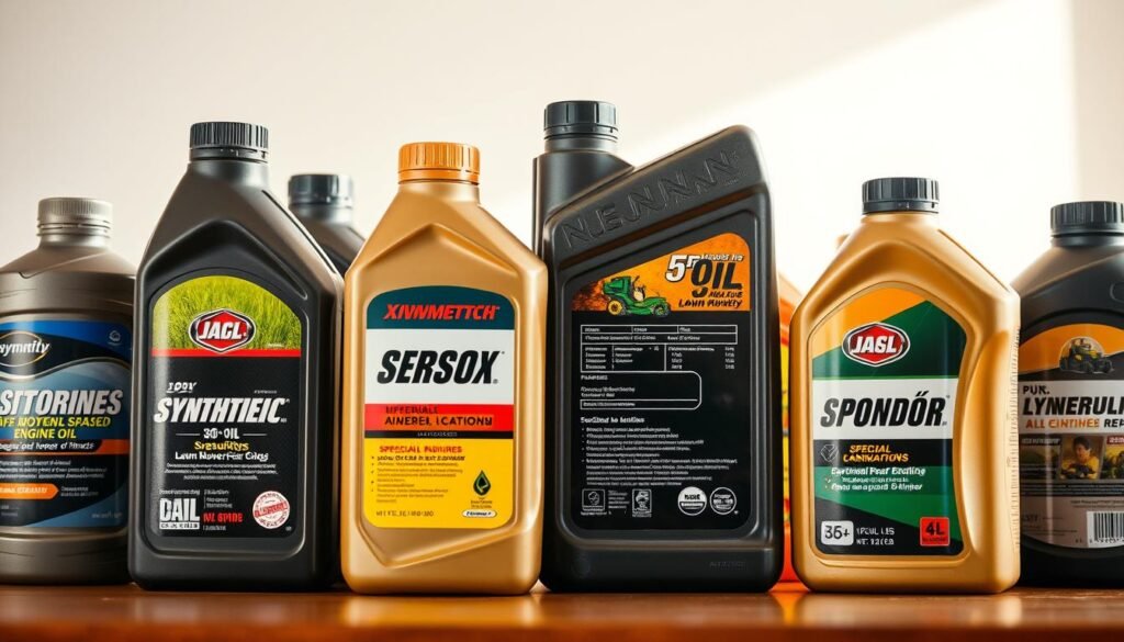 A close-up photograph of various motor oils and lubricants suitable for use in a lawn mower. The foreground features multiple bottles and containers of different brands and formulations of high-quality synthetic and mineral-based lawn mower engine oil. The middle ground showcases the diverse viscosities, SAE ratings, and specialized additives tailored for optimal lawn mower performance and protection. The background is softly blurred, creating a clean, clinical, and informative setting to highlight the importance of selecting the right oil for your lawn mower's needs. Warm, natural lighting casts subtle shadows and reflections, emphasizing the quality and clarity of the products. The image conveys a sense of expertise, care, and attention to detail when maintaining your lawn mower. A close-up photograph of various motor oils and lubricants suitable for use in a lawn mower. The foreground features multiple bottles and containers of different brands and formulations of high-quality synthetic and mineral-based lawn mower engine oil. The middle ground showcases the diverse viscosities, SAE ratings, and specialized additives tailored for optimal lawn mower performance and protection. The background is softly blurred, creating a clean, clinical, and informative setting to highlight the importance of selecting the right oil for your lawn mower's needs. Warm, natural lighting casts subtle shadows and reflections, emphasizing the quality and clarity of the products. The image conveys a sense of expertise, care, and attention to detail when maintaining your lawn mower.