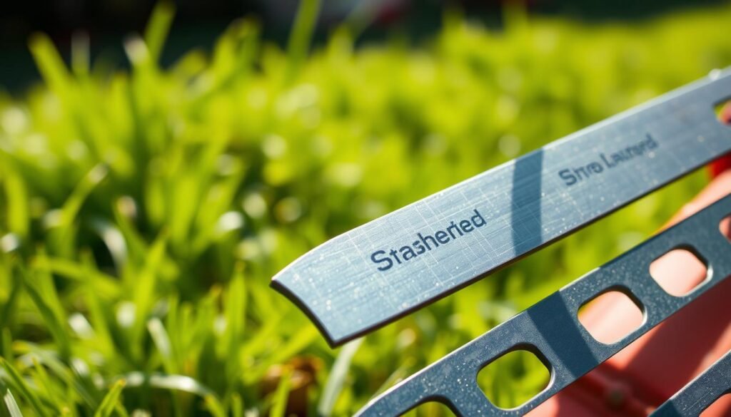 A close-up shot of freshly sharpened mower blades, their edges gleaming under the bright sunlight. The blades are positioned diagonally, allowing for a dynamic, angled view that showcases their razor-sharp precision. The background is blurred, with hints of lush green grass visible, emphasizing the blades' focus. The lighting is crisp and natural, casting subtle shadows that accentuate the blades' contours and the fine details of the metal. The overall mood is one of efficiency and readiness, reflecting the importance of maintaining sharp mower blades for a clean, well-manicured lawn. A close-up shot of freshly sharpened mower blades, their edges gleaming under the bright sunlight. The blades are positioned diagonally, allowing for a dynamic, angled view that showcases their razor-sharp precision. The background is blurred, with hints of lush green grass visible, emphasizing the blades' focus. The lighting is crisp and natural, casting subtle shadows that accentuate the blades' contours and the fine details of the metal. The overall mood is one of efficiency and readiness, reflecting the importance of maintaining sharp mower blades for a clean, well-manicured lawn.