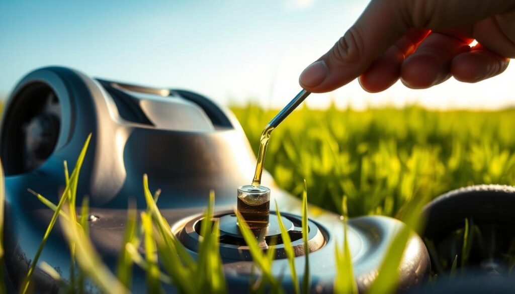 A close-up view of a hand dipping a dipstick into the oil reservoir of a push lawn mower, set against a backdrop of lush green grass and a clear blue sky. The mower's body is visible in the middle ground, with its sleek, metallic finish catching the warm afternoon sunlight. The scene is illuminated by soft, diffused lighting, creating a natural, inviting atmosphere. The focus is sharp on the dipstick, with the oil level clearly visible, allowing the user to easily assess the mower's oil status. The overall composition conveys a sense of simple, straightforward maintenance, reflecting the "How to Check Your Push Mower's Oil Level" section of the article. A close-up view of a hand dipping a dipstick into the oil reservoir of a push lawn mower, set against a backdrop of lush green grass and a clear blue sky. The mower's body is visible in the middle ground, with its sleek, metallic finish catching the warm afternoon sunlight. The scene is illuminated by soft, diffused lighting, creating a natural, inviting atmosphere. The focus is sharp on the dipstick, with the oil level clearly visible, allowing the user to easily assess the mower's oil status. The overall composition conveys a sense of simple, straightforward maintenance, reflecting the "How to Check Your Push Mower's Oil Level" section of the article.