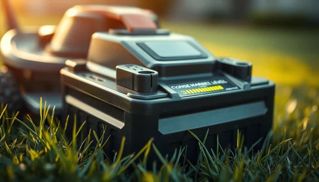 A close-up view of a lawn mower battery, resting on a grassy surface. The battery's terminals are visible, with its charge level indicator glowing, showcasing the remaining lifespan. The image is captured with a shallow depth of field, creating a soft, blurred background that emphasizes the battery's details. Warm, natural lighting illuminates the scene, casting gentle shadows and highlights to convey the battery's physicality. The composition is balanced, with the battery positioned slightly off-center to create visual interest. The overall mood is one of informative clarity, inviting the viewer to consider the longevity of a lawn mower's power source. A close-up view of a lawn mower battery, resting on a grassy surface. The battery's terminals are visible, with its charge level indicator glowing, showcasing the remaining lifespan. The image is captured with a shallow depth of field, creating a soft, blurred background that emphasizes the battery's details. Warm, natural lighting illuminates the scene, casting gentle shadows and highlights to convey the battery's physicality. The composition is balanced, with the battery positioned slightly off-center to create visual interest. The overall mood is one of informative clarity, inviting the viewer to consider the longevity of a lawn mower's power source.