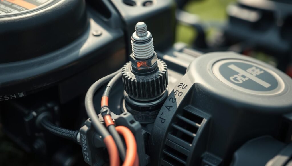 A close-up view of a lawn mower's ignition system, meticulously captured in natural lighting. The spark plug, wires, and ignition coil are prominently displayed, their intricate details and textures vividly rendered. The surrounding engine components are slightly blurred, creating a sense of focus and emphasizing the central ignition components. The composition is balanced, with a clean, technical aesthetic that conveys the importance of this crucial system in the proper functioning of the lawn mower. The overall mood is one of clarity and precision, inviting the viewer to closely inspect and understand the inner workings of this essential lawn maintenance tool. A close-up view of a lawn mower's ignition system, meticulously captured in natural lighting. The spark plug, wires, and ignition coil are prominently displayed, their intricate details and textures vividly rendered. The surrounding engine components are slightly blurred, creating a sense of focus and emphasizing the central ignition components. The composition is balanced, with a clean, technical aesthetic that conveys the importance of this crucial system in the proper functioning of the lawn mower. The overall mood is one of clarity and precision, inviting the viewer to closely inspect and understand the inner workings of this essential lawn maintenance tool.