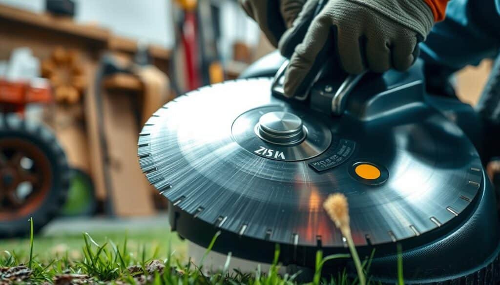 A close-up view of a mower blade undergoing maintenance, set against a workshop backdrop. The blade, shiny and sharp, is being carefully inspected for any nicks or irregularities. The worker's hands, adorned with protective gloves, meticulously run along the edges, testing the blade's integrity. Bright, focused lighting illuminates the scene, casting crisp shadows and highlights that accentuate the intricate details of the blade. The overall atmosphere conveys a sense of precision, care, and attention to detail, reflecting the importance of proper mower maintenance for achieving clean, even cuts. A close-up view of a mower blade undergoing maintenance, set against a workshop backdrop. The blade, shiny and sharp, is being carefully inspected for any nicks or irregularities. The worker's hands, adorned with protective gloves, meticulously run along the edges, testing the blade's integrity. Bright, focused lighting illuminates the scene, casting crisp shadows and highlights that accentuate the intricate details of the blade. The overall atmosphere conveys a sense of precision, care, and attention to detail, reflecting the importance of proper mower maintenance for achieving clean, even cuts.