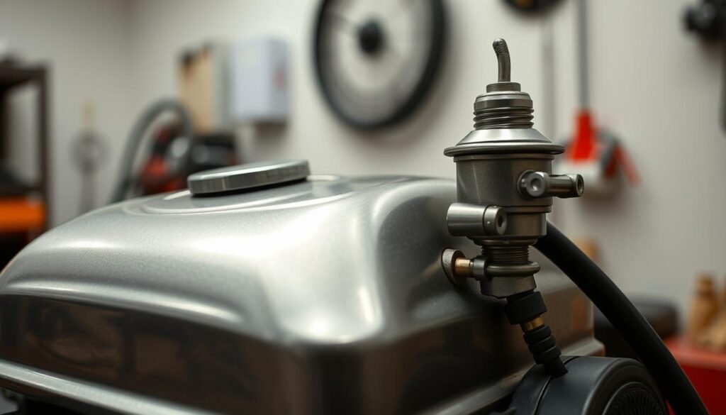 A close-up view of a small engine fuel tank and carburetor, set against a clean, well-lit workshop background. The metal surfaces have a lustrous sheen, and the fuel line connecting the tank to the carburetor is clearly visible. The engine components are arranged in a neat, organized manner, conveying a sense of precision and attention to detail. The lighting is soft and directional, casting subtle shadows that enhance the three-dimensional form of the engine parts. The overall mood is one of technical expertise and mechanical elegance, reflecting the specialized nature of this 2-stroke or 4-stroke engine fuel system. A close-up view of a small engine fuel tank and carburetor, set against a clean, well-lit workshop background. The metal surfaces have a lustrous sheen, and the fuel line connecting the tank to the carburetor is clearly visible. The engine components are arranged in a neat, organized manner, conveying a sense of precision and attention to detail. The lighting is soft and directional, casting subtle shadows that enhance the three-dimensional form of the engine parts. The overall mood is one of technical expertise and mechanical elegance, reflecting the specialized nature of this 2-stroke or 4-stroke engine fuel system.