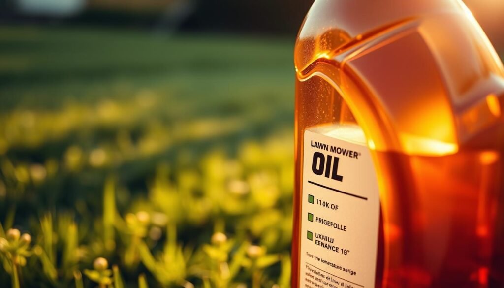 A close-up view of a transparent motor oil bottle, its contents swirling and reflecting light, set against a blurred background of a freshly mowed lawn. The bottle's label prominently displays the temperature ranges suitable for the oil, emphasizing its importance in maintaining optimal lawn mower performance. The scene is illuminated by warm, golden light, creating a sense of depth and atmosphere that underscores the significance of proper oil selection for lawn mower engines. A close-up view of a transparent motor oil bottle, its contents swirling and reflecting light, set against a blurred background of a freshly mowed lawn. The bottle's label prominently displays the temperature ranges suitable for the oil, emphasizing its importance in maintaining optimal lawn mower performance. The scene is illuminated by warm, golden light, creating a sense of depth and atmosphere that underscores the significance of proper oil selection for lawn mower engines.
