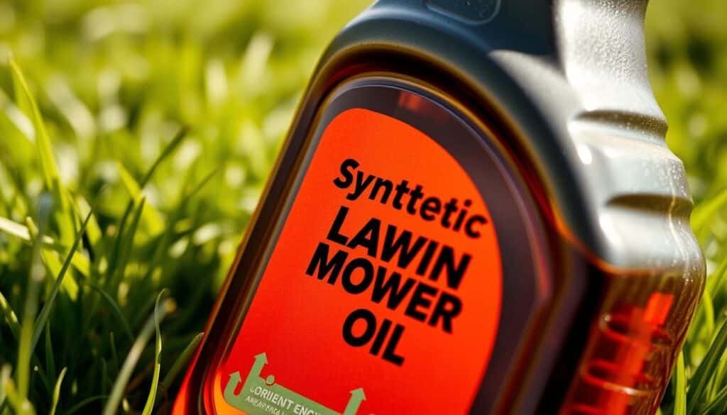 A closeup photograph of a glass bottle filled with amber-colored synthetic engine oil, its label prominently displaying the words "Synthetic Lawn Mower Oil". The bottle is set against a soft, blurred background of green grass, conveying a sense of natural, outdoor setting. The lighting is warm and natural, casting gentle shadows that add depth and dimension to the image. The focus is sharp on the bottle, allowing the viewer to clearly see the viscosity and quality of the oil. The composition is balanced, with the bottle positioned slightly off-center to create visual interest. The overall mood is one of efficiency, durability, and suitability for lawn mower engines under various environmental conditions. A closeup photograph of a glass bottle filled with amber-colored synthetic engine oil, its label prominently displaying the words "Synthetic Lawn Mower Oil". The bottle is set against a soft, blurred background of green grass, conveying a sense of natural, outdoor setting. The lighting is warm and natural, casting gentle shadows that add depth and dimension to the image. The focus is sharp on the bottle, allowing the viewer to clearly see the viscosity and quality of the oil. The composition is balanced, with the bottle positioned slightly off-center to create visual interest. The overall mood is one of efficiency, durability, and suitability for lawn mower engines under various environmental conditions.