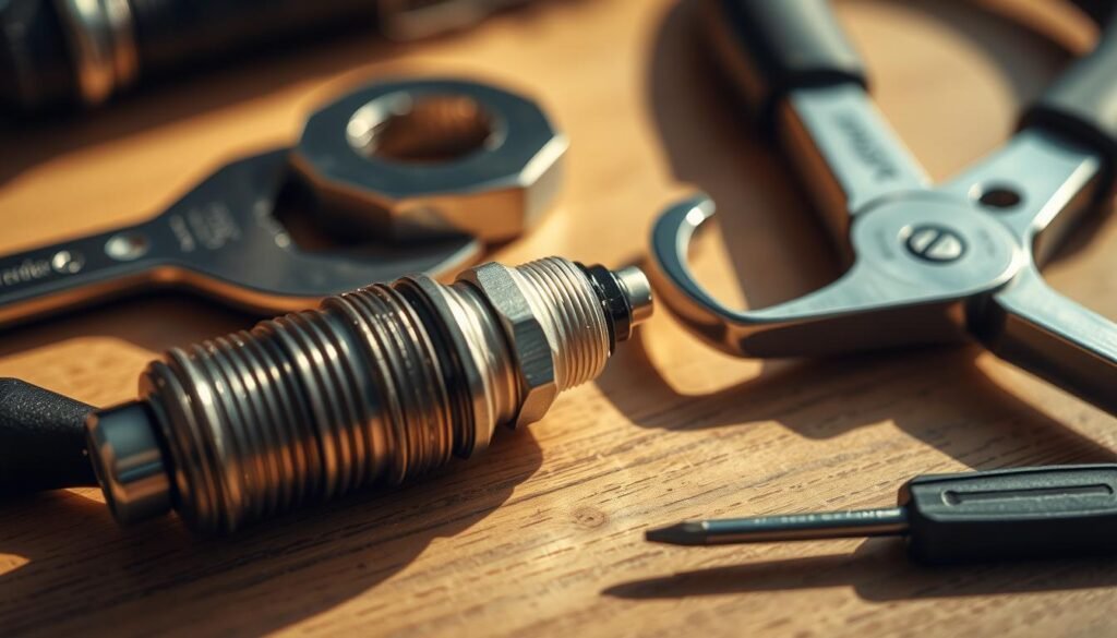 A detailed close-up of a silver and black spark plug socket, surrounded by a set of mechanic's tools including a wrench, pliers, and a screwdriver, all laid out on a clean, well-lit wooden surface. The lighting is warm and natural, creating deep shadows and highlights that showcase the textures and metallic finishes of the tools. The composition is balanced and organized, drawing the viewer's attention to the spark plug socket as the central focus. The overall mood is one of precision, functionality, and the satisfaction of completing a maintenance task. A detailed close-up of a silver and black spark plug socket, surrounded by a set of mechanic's tools including a wrench, pliers, and a screwdriver, all laid out on a clean, well-lit wooden surface. The lighting is warm and natural, creating deep shadows and highlights that showcase the textures and metallic finishes of the tools. The composition is balanced and organized, drawing the viewer's attention to the spark plug socket as the central focus. The overall mood is one of precision, functionality, and the satisfaction of completing a maintenance task.