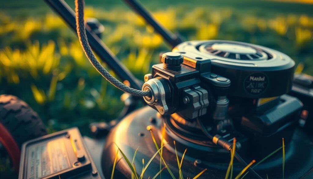 A detailed close-up view of the starter system of a lawn mower, captured under warm, golden-hour lighting. The foreground features the pull cord, starter housing, and engine components in sharp focus, showcasing their intricate mechanical design. The middle ground includes the lawn mower's deck and surrounding grass, providing context. The background fades into a blurred, verdant landscape, creating a sense of depth and atmosphere. The overall image conveys the technical nature of the subject while maintaining a sense of natural, outdoor setting, reflecting the "Understanding 'why won't my mower turn over'" theme. A detailed close-up view of the starter system of a lawn mower, captured under warm, golden-hour lighting. The foreground features the pull cord, starter housing, and engine components in sharp focus, showcasing their intricate mechanical design. The middle ground includes the lawn mower's deck and surrounding grass, providing context. The background fades into a blurred, verdant landscape, creating a sense of depth and atmosphere. The overall image conveys the technical nature of the subject while maintaining a sense of natural, outdoor setting, reflecting the "Understanding 'why won't my mower turn over'" theme.