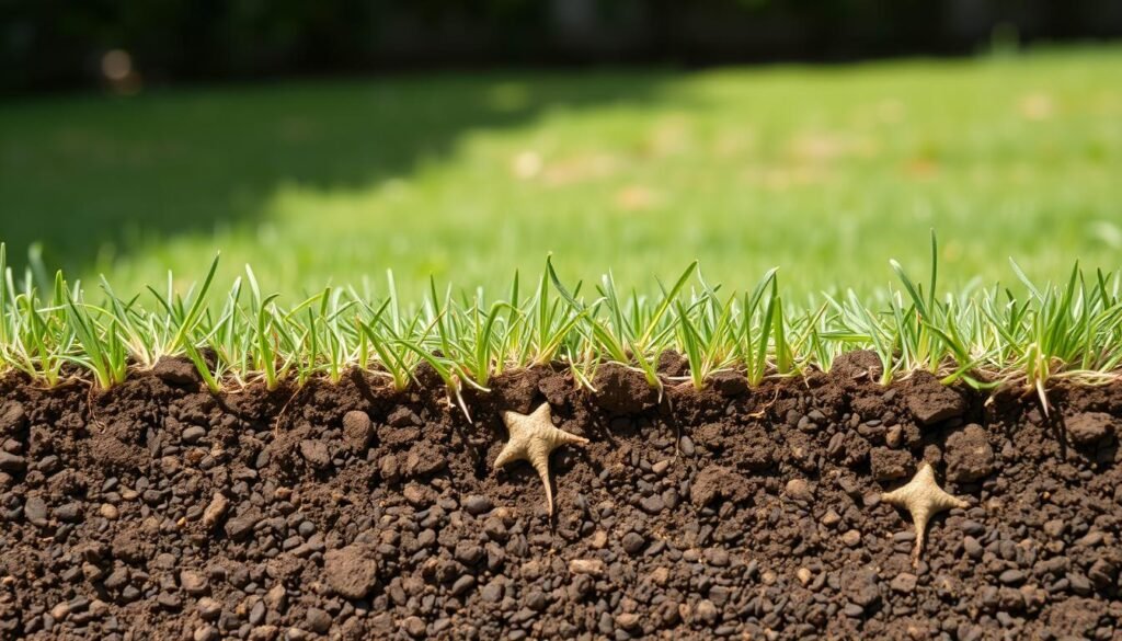 A detailed cross-section of densely compacted soil, showcasing the detrimental effects of excessive foot traffic or heavy machinery on a lawn. The foreground depicts tightly packed soil particles, with minimal air pockets and poor drainage. The middle ground reveals crushed and damaged grass roots, struggling to penetrate the unyielding substrate. In the background, a verdant, healthy lawn contrasts the lifeless, barren compacted area, highlighting the stark difference in soil structure and plant growth. The lighting is soft and natural, casting subtle shadows that accentuate the textural details. The composition is captured at a slight angle, providing a clear view of the soil's internal structure and the impact on the lawn's overall health. A detailed cross-section of densely compacted soil, showcasing the detrimental effects of excessive foot traffic or heavy machinery on a lawn. The foreground depicts tightly packed soil particles, with minimal air pockets and poor drainage. The middle ground reveals crushed and damaged grass roots, struggling to penetrate the unyielding substrate. In the background, a verdant, healthy lawn contrasts the lifeless, barren compacted area, highlighting the stark difference in soil structure and plant growth. The lighting is soft and natural, casting subtle shadows that accentuate the textural details. The composition is captured at a slight angle, providing a clear view of the soil's internal structure and the impact on the lawn's overall health.