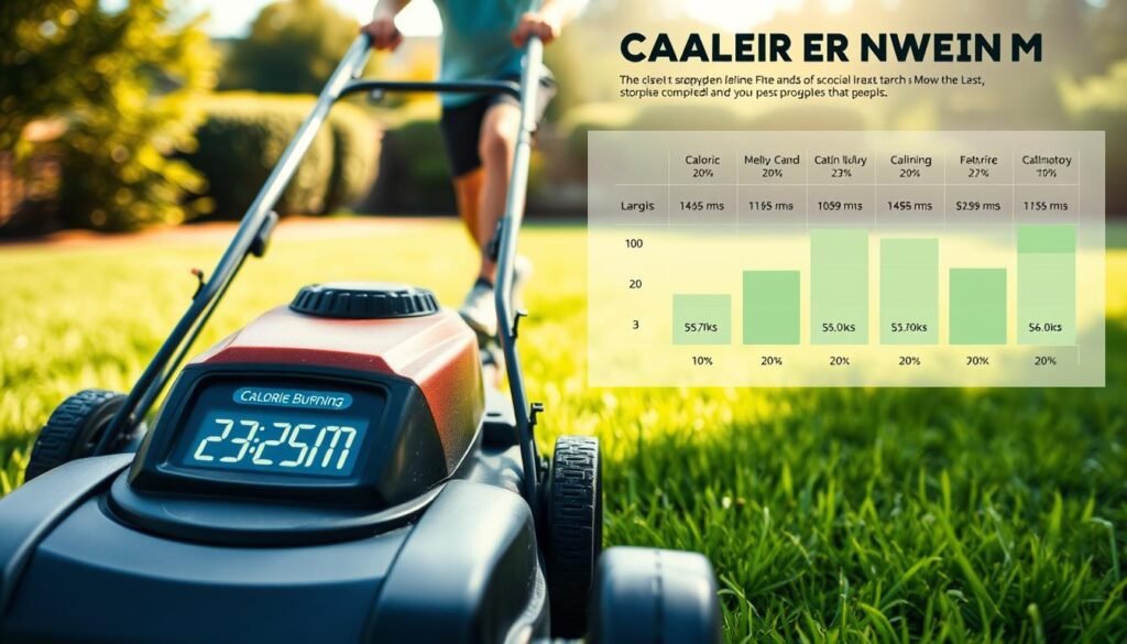 A detailed, data-driven infographic showcasing the calorie-burning potential of mowing the lawn. In the foreground, a push lawn mower with precise calorie count metrics displayed on its digital interface. In the middle ground, an athletic person mowing a lush, vibrant lawn, their movements captured in dynamic motion blur. The background features a minimalist chart presenting the caloric expenditure of various lawn mowing activities, rendered in a sleek, informative style. Soft, directional lighting casts subtle shadows, accentuating the subject's physical exertion. The overall composition conveys a sense of energetic fitness, backed by a data-driven analysis of the real-world health benefits of this common household chore. A detailed, data-driven infographic showcasing the calorie-burning potential of mowing the lawn. In the foreground, a push lawn mower with precise calorie count metrics displayed on its digital interface. In the middle ground, an athletic person mowing a lush, vibrant lawn, their movements captured in dynamic motion blur. The background features a minimalist chart presenting the caloric expenditure of various lawn mowing activities, rendered in a sleek, informative style. Soft, directional lighting casts subtle shadows, accentuating the subject's physical exertion. The overall composition conveys a sense of energetic fitness, backed by a data-driven analysis of the real-world health benefits of this common household chore.
