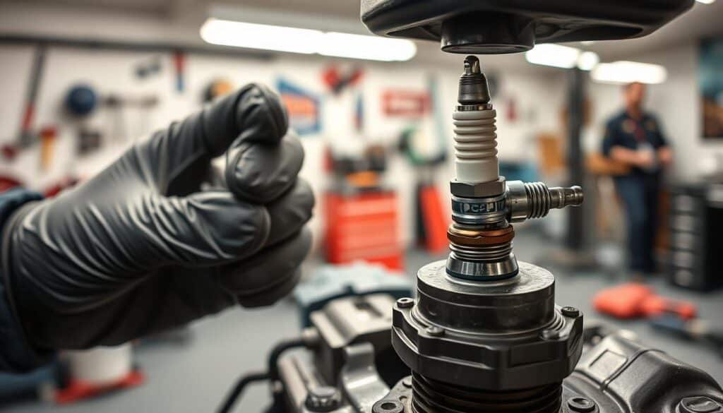 A detailed step-by-step spark plug replacement process. In the foreground, a mechanic's gloved hands carefully removing the old spark plug from a small engine. In the middle ground, a close-up of the new spark plug being gently threaded into the cylinder head. The background features a clean, well-lit workshop environment with tools and equipment neatly arranged. Soft, directional lighting illuminates the process, creating a sense of focus and precision. The overall scene conveys the methodical nature of spark plug maintenance, with a technical, informative atmosphere. A detailed step-by-step spark plug replacement process. In the foreground, a mechanic's gloved hands carefully removing the old spark plug from a small engine. In the middle ground, a close-up of the new spark plug being gently threaded into the cylinder head. The background features a clean, well-lit workshop environment with tools and equipment neatly arranged. Soft, directional lighting illuminates the process, creating a sense of focus and precision. The overall scene conveys the methodical nature of spark plug maintenance, with a technical, informative atmosphere.