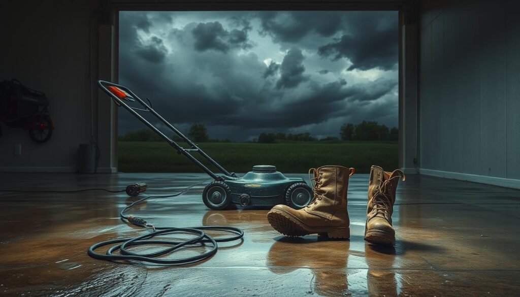 A dimly lit garage interior, the floor glistening with puddles of water. In the foreground, a lawn mower stands idly, its blades still wet from the recent mowing. Electrical cords snake across the damp concrete, posing a serious electrocution hazard. The mid-ground reveals a pair of worn, muddy boots, the owner distracted, oblivious to the dangers around them. In the background, dark storm clouds loom, their ominous presence hinting at the slippery, treacherous conditions outside. The atmosphere is one of unease and potential disaster, a cautionary tale about the safety risks of mowing wet grass. A dimly lit garage interior, the floor glistening with puddles of water. In the foreground, a lawn mower stands idly, its blades still wet from the recent mowing. Electrical cords snake across the damp concrete, posing a serious electrocution hazard. The mid-ground reveals a pair of worn, muddy boots, the owner distracted, oblivious to the dangers around them. In the background, dark storm clouds loom, their ominous presence hinting at the slippery, treacherous conditions outside. The atmosphere is one of unease and potential disaster, a cautionary tale about the safety risks of mowing wet grass.