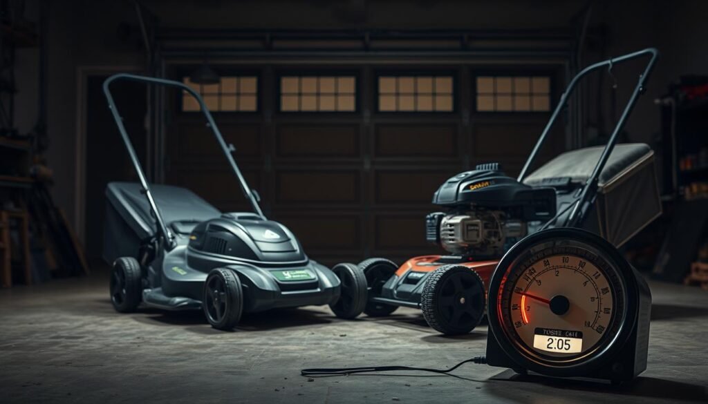 A dimly lit workshop, the centerpiece a side-by-side comparison of an electric and a gas-powered lawn mower. The electric mower, sleek and silent, stands in stark contrast to the gas-powered counterpart, its engine rumbling with a deep, guttural roar. In the foreground, a meticulously crafted sound meter captures the decibel readings, highlighting the distinct noise profiles of the two mowers. Subtle shadows and warm lighting create a contemplative atmosphere, inviting the viewer to consider the tradeoffs between performance and noise. The background features a partially open garage door, hinting at the outdoor setting where these mowers would be put to the test. A dimly lit workshop, the centerpiece a side-by-side comparison of an electric and a gas-powered lawn mower. The electric mower, sleek and silent, stands in stark contrast to the gas-powered counterpart, its engine rumbling with a deep, guttural roar. In the foreground, a meticulously crafted sound meter captures the decibel readings, highlighting the distinct noise profiles of the two mowers. Subtle shadows and warm lighting create a contemplative atmosphere, inviting the viewer to consider the tradeoffs between performance and noise. The background features a partially open garage door, hinting at the outdoor setting where these mowers would be put to the test.