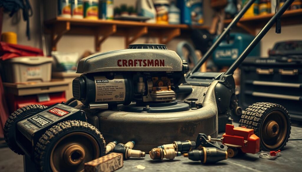 A garage workshop scene with a Craftsman lawn mower in the foreground. The mower sits on a workbench, its engine opened, revealing various mechanical components. Scattered around are common troubleshooting tools like spark plugs, fuel filters, and a carburetor. The lighting is warm and focused, creating shadows that highlight the intricate details of the mower's internals. In the background, shelves with lawn care products and a toolbox provide context. The overall mood is one of problem-solving, with the mower's disassembly suggesting the process of diagnosing and repairing common starting issues. A garage workshop scene with a Craftsman lawn mower in the foreground. The mower sits on a workbench, its engine opened, revealing various mechanical components. Scattered around are common troubleshooting tools like spark plugs, fuel filters, and a carburetor. The lighting is warm and focused, creating shadows that highlight the intricate details of the mower's internals. In the background, shelves with lawn care products and a toolbox provide context. The overall mood is one of problem-solving, with the mower's disassembly suggesting the process of diagnosing and repairing common starting issues.
