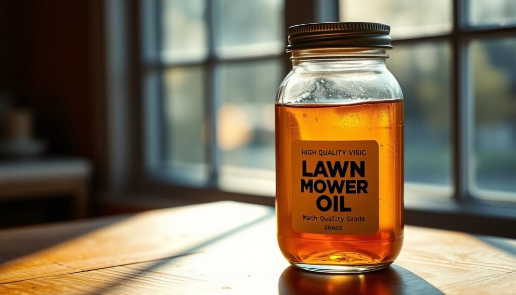 A glass jar filled with high-quality, viscous lawn mower oil. The jar is placed on a wooden surface, bathed in warm, natural lighting from a window. The oil glistens, its amber hue accentuated by the soft, diffused illumination. The jar's label prominently displays the oil's type and grade, clearly indicating its suitability for use in lawn mowers. The overall scene conveys a sense of care, attention to detail, and the importance of using the right oil to maintain the optimal performance and longevity of a lawn mower.