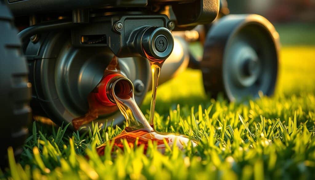 A high-quality, close-up photograph of a freshly drained lawn mower engine with synthetic motor oil spilling out onto a well-manicured lawn. The engine components are clearly visible, with a focus on the oil drain plug and the viscous amber-colored liquid cascading out. Warm, soft lighting casts a natural glow, creating a sense of tranquility and attention to detail. The background is blurred, emphasizing the subject and highlighting the contrast between the machine and the lush, green grass. The overall composition suggests the importance of proper lawn mower maintenance and the use of high-quality synthetic oil to ensure optimal performance and longevity.