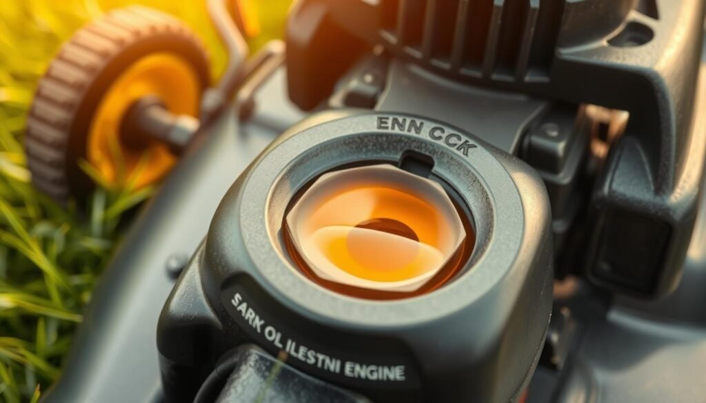 A high-resolution photograph of a lawn mower engine with the oil cap open, revealing a pool of fresh, amber-colored two-cycle engine oil. The engine is in the foreground, set against a softly blurred background of green grass. Warm, natural lighting casts a subtle glow on the oil, highlighting its viscosity and transparency. The image is captured from a slightly elevated angle, providing a clear view of the engine components and the oil reservoir. The overall composition emphasizes the importance of using the correct oil for a lawn mower's engine, conveying a sense of diligence and proper maintenance. A high-resolution photograph of a lawn mower engine with the oil cap open, revealing a pool of fresh, amber-colored two-cycle engine oil. The engine is in the foreground, set against a softly blurred background of green grass. Warm, natural lighting casts a subtle glow on the oil, highlighting its viscosity and transparency. The image is captured from a slightly elevated angle, providing a clear view of the engine components and the oil reservoir. The overall composition emphasizes the importance of using the correct oil for a lawn mower's engine, conveying a sense of diligence and proper maintenance.