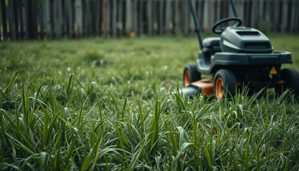 A lush, dewy meadow after a light rain. In the foreground, freshly mown grass lays in disarray, its blades glistening with droplets. The middle ground features a riding lawn mower, its wheels sinking slightly into the saturated soil, its engine sputtering as it struggles to maintain traction. In the background, a weathered wooden fence frames the scene, hinting at the challenges of lawn maintenance in damp conditions. Soft, diffused natural lighting illuminates the entire composition, creating a contemplative, almost melancholic atmosphere. The overall impression suggests the difficulties of mowing wet grass and the need for caution and patience in such situations.