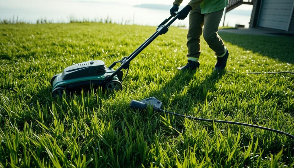 A lush green lawn glistens with water droplets, the danger of electricity lurking in the damp grass. A person, dressed in protective gear, cautiously maneuvers an electric lawn mower, its cord snaking across the ground. The mower's blades slice through the wet blades, creating a symphony of mechanical hums and the soft patter of grass clippings. Shadows cast by the overcast sky add to the sense of unease, as the potential for electrical shock hangs in the air. The scene demands careful consideration and a heightened awareness of the risks involved in tackling this task. Lighting is natural, with a moody, atmospheric quality that heightens the sense of danger. A lush green lawn glistens with water droplets, the danger of electricity lurking in the damp grass. A person, dressed in protective gear, cautiously maneuvers an electric lawn mower, its cord snaking across the ground. The mower's blades slice through the wet blades, creating a symphony of mechanical hums and the soft patter of grass clippings. Shadows cast by the overcast sky add to the sense of unease, as the potential for electrical shock hangs in the air. The scene demands careful consideration and a heightened awareness of the risks involved in tackling this task. Lighting is natural, with a moody, atmospheric quality that heightens the sense of danger.