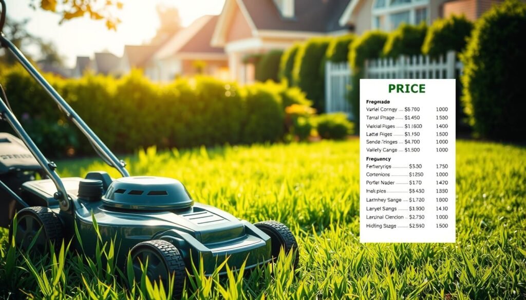 A lush green lawn takes center stage, its blades gently swaying in the warm afternoon breeze. In the foreground, a well-maintained lawn mower stands ready, its chrome and steel gleaming in the dappled sunlight. To the side, a neatly organized price list outlines the various service packages, detailing the frequency and corresponding costs for maintaining this verdant expanse. The background features a tranquil suburban setting, with neatly trimmed hedges and a picket fence, conveying a sense of order and attention to detail. The overall scene exudes a professional and inviting atmosphere, capturing the essence of a reliable lawn mowing service and its pricing strategies. A lush green lawn takes center stage, its blades gently swaying in the warm afternoon breeze. In the foreground, a well-maintained lawn mower stands ready, its chrome and steel gleaming in the dappled sunlight. To the side, a neatly organized price list outlines the various service packages, detailing the frequency and corresponding costs for maintaining this verdant expanse. The background features a tranquil suburban setting, with neatly trimmed hedges and a picket fence, conveying a sense of order and attention to detail. The overall scene exudes a professional and inviting atmosphere, capturing the essence of a reliable lawn mowing service and its pricing strategies.