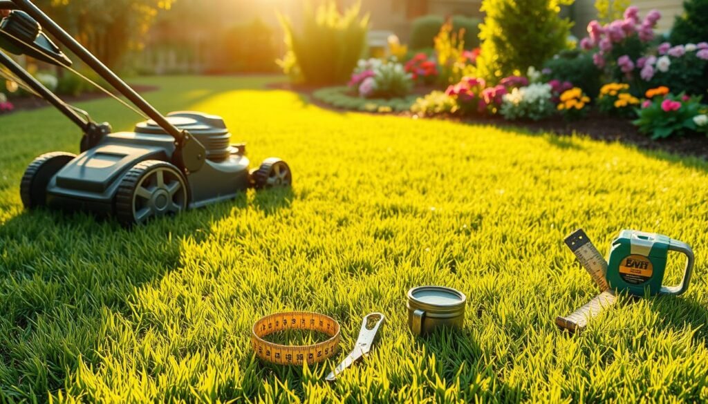 A lush, neatly manicured lawn with vibrant green grass under the warm, golden glow of a late afternoon sun. In the foreground, a hand-pushed lawn mower carefully trims the grass, leaving behind a crisp, even pattern. The middle ground showcases a tape measure, secateur, and a small watering can, suggesting the importance of measuring, trimming, and nurturing the lawn. In the background, a well-tended garden with colorful flowers and shrubs adds depth and context to the scene. The overall atmosphere conveys a sense of pride, diligence, and the rewards of consistent lawn care. A lush, neatly manicured lawn with vibrant green grass under the warm, golden glow of a late afternoon sun. In the foreground, a hand-pushed lawn mower carefully trims the grass, leaving behind a crisp, even pattern. The middle ground showcases a tape measure, secateur, and a small watering can, suggesting the importance of measuring, trimming, and nurturing the lawn. In the background, a well-tended garden with colorful flowers and shrubs adds depth and context to the scene. The overall atmosphere conveys a sense of pride, diligence, and the rewards of consistent lawn care.