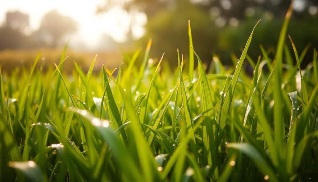 A lush, verdant field of freshly watered grass glistens under the warm, diffused sunlight of an overcast day. Blades of grass, heavy with beads of moisture, sway gently in a light breeze, creating a mesmerizing, almost tactile texture. The foreground is in sharp focus, drawing the viewer's attention to the intricate patterns and subtle variations in the grass, while the background softly fades into a hazy, ethereal blur. The overall mood is serene and rejuvenating, evoking a sense of the tranquility and restorative power of nature after a recent rain. A lush, verdant field of freshly watered grass glistens under the warm, diffused sunlight of an overcast day. Blades of grass, heavy with beads of moisture, sway gently in a light breeze, creating a mesmerizing, almost tactile texture. The foreground is in sharp focus, drawing the viewer's attention to the intricate patterns and subtle variations in the grass, while the background softly fades into a hazy, ethereal blur. The overall mood is serene and rejuvenating, evoking a sense of the tranquility and restorative power of nature after a recent rain.