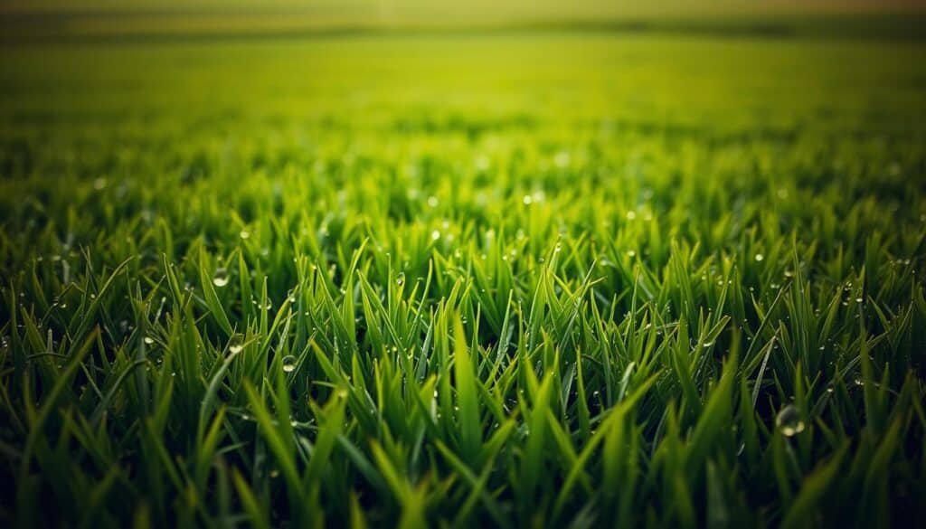 A lush, verdant lawn glistening with freshly fallen raindrops. The blades of grass, still damp and vibrant, sway gently in the soft breeze. A warm, overcast sky casts a muted, natural light over the scene, casting subtle shadows that accentuate the lawn's rolling contours. In the foreground, individual water droplets cling to the grass tips, refracting the light and creating a sparkling, jewel-like effect. The middle ground features a well-manicured, uniform lawn, with no visible footprints or disturbances, suggesting a recent rainfall. The background fades into a hazy, out-of-focus horizon, creating a sense of depth and tranquility. The overall mood is one of rejuvenation and freshness, perfectly capturing the optimal time to mow after a rain shower. A lush, verdant lawn glistening with freshly fallen raindrops. The blades of grass, still damp and vibrant, sway gently in the soft breeze. A warm, overcast sky casts a muted, natural light over the scene, casting subtle shadows that accentuate the lawn's rolling contours. In the foreground, individual water droplets cling to the grass tips, refracting the light and creating a sparkling, jewel-like effect. The middle ground features a well-manicured, uniform lawn, with no visible footprints or disturbances, suggesting a recent rainfall. The background fades into a hazy, out-of-focus horizon, creating a sense of depth and tranquility. The overall mood is one of rejuvenation and freshness, perfectly capturing the optimal time to mow after a rain shower.