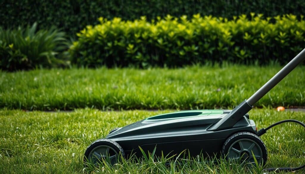 A lush, verdant lawn glistens with droplets of fresh rain, the soil still damp and inviting. In the foreground, a well-maintained electric lawn mower sits idle, its sleek, modern design hinting at the ease of use to come. The middle ground reveals the lawn's vibrant green hue, interspersed with delicate blades of grass that sway gently in the breeze. In the background, a neatly trimmed hedge frames the scene, adding a touch of manicured elegance. The lighting is soft and diffused, creating a serene, post-rain atmosphere that invites the viewer to contemplate the optimal timing for mowing this picturesque lawn. A lush, verdant lawn glistens with droplets of fresh rain, the soil still damp and inviting. In the foreground, a well-maintained electric lawn mower sits idle, its sleek, modern design hinting at the ease of use to come. The middle ground reveals the lawn's vibrant green hue, interspersed with delicate blades of grass that sway gently in the breeze. In the background, a neatly trimmed hedge frames the scene, adding a touch of manicured elegance. The lighting is soft and diffused, creating a serene, post-rain atmosphere that invites the viewer to contemplate the optimal timing for mowing this picturesque lawn.