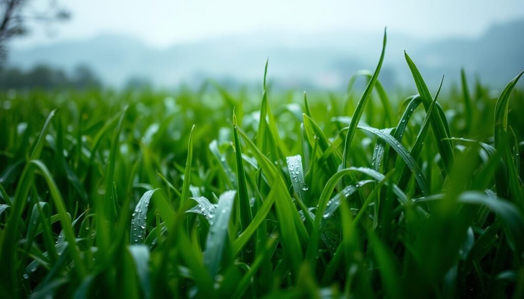 A lush, verdant lawn glistens with freshly fallen rain, the blades of grass bending under the weight of the droplets. The foreground is a close-up view, showcasing the intricate textures and patterns of the damp foliage. In the middle ground, the grass gradually transitions to a softer focus, while the background fades into a hazy, out-of-focus landscape, creating a sense of depth and atmosphere. The lighting is soft and diffused, casting a gentle, natural glow over the scene. The overall mood is one of tranquility and the refreshing, rejuvenating essence of a rainy day. A lush, verdant lawn glistens with freshly fallen rain, the blades of grass bending under the weight of the droplets. The foreground is a close-up view, showcasing the intricate textures and patterns of the damp foliage. In the middle ground, the grass gradually transitions to a softer focus, while the background fades into a hazy, out-of-focus landscape, creating a sense of depth and atmosphere. The lighting is soft and diffused, casting a gentle, natural glow over the scene. The overall mood is one of tranquility and the refreshing, rejuvenating essence of a rainy day.