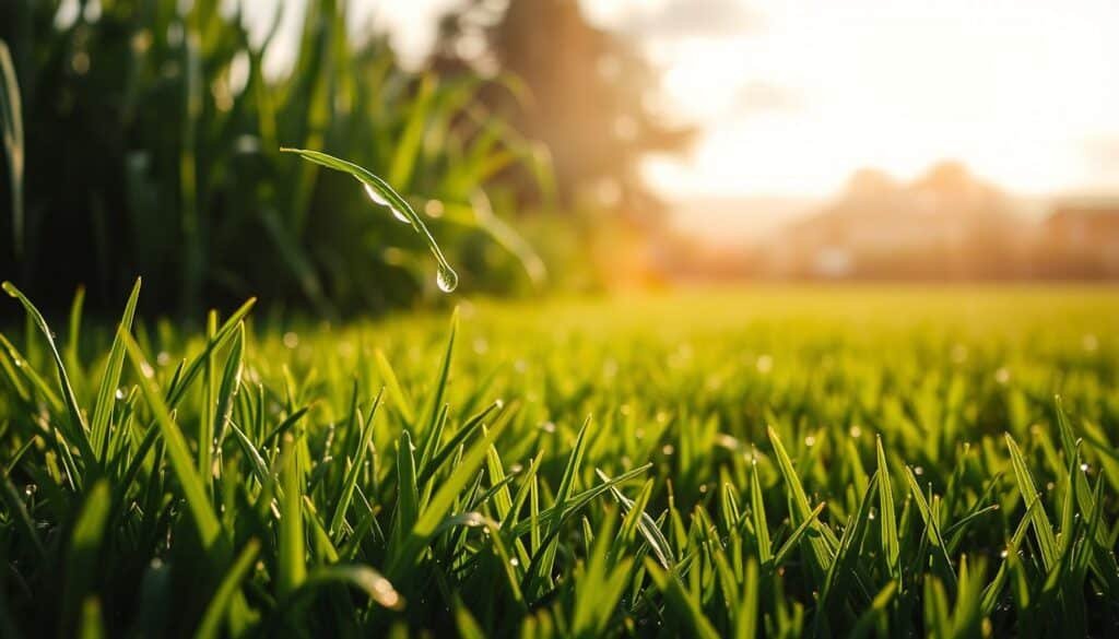 A lush, verdant lawn glistens with freshly fallen raindrops, the blades of grass bending gracefully under the weight of the moisture. Sunlight filters through wispy clouds, casting a warm, golden glow over the scene. In the foreground, individual water droplets cling to the tips of the grass, refracting the light and creating a sparkling, ethereal effect. The middle ground reveals the lawn's texture, with the grass blades arranged in a natural, organic pattern. In the background, a hazy, out-of-focus landscape sets the stage, suggesting a serene, peaceful environment. The overall mood is one of tranquility and natural beauty, inviting the viewer to appreciate the restorative power of a well-watered lawn. A lush, verdant lawn glistens with freshly fallen raindrops, the blades of grass bending gracefully under the weight of the moisture. Sunlight filters through wispy clouds, casting a warm, golden glow over the scene. In the foreground, individual water droplets cling to the tips of the grass, refracting the light and creating a sparkling, ethereal effect. The middle ground reveals the lawn's texture, with the grass blades arranged in a natural, organic pattern. In the background, a hazy, out-of-focus landscape sets the stage, suggesting a serene, peaceful environment. The overall mood is one of tranquility and natural beauty, inviting the viewer to appreciate the restorative power of a well-watered lawn.