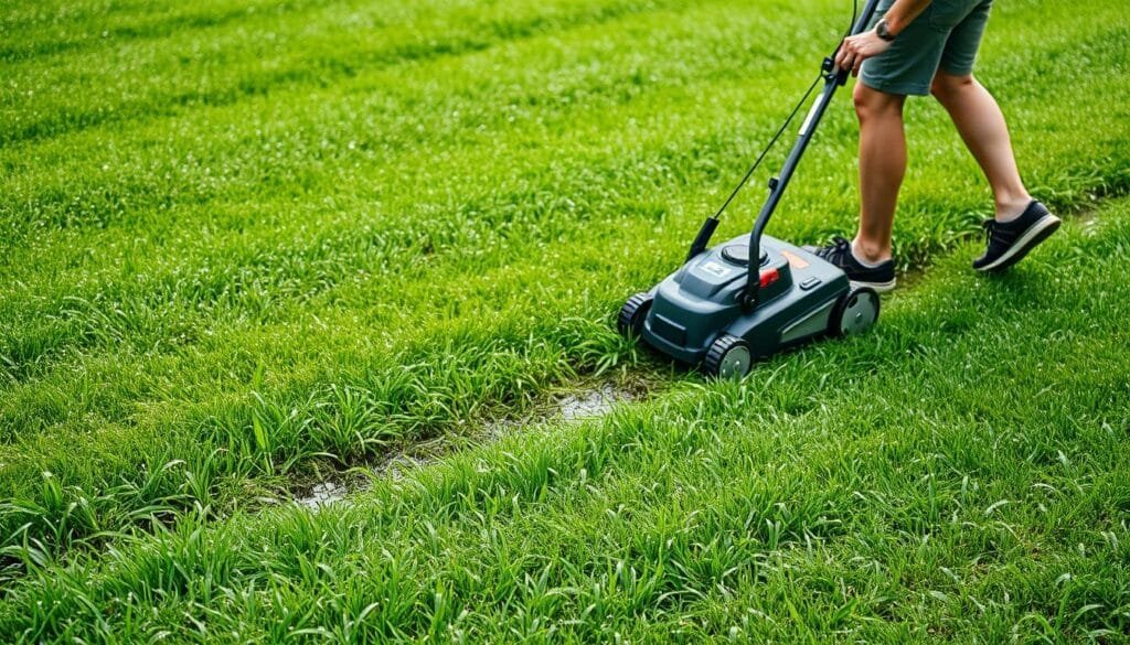 A lush, verdant lawn glistens with morning dew, the blades of grass heavy with moisture. A person in casual attire meticulously maneuvers an electric lawn mower, its low hum cutting through the air as it glides effortlessly across the damp surface. The mower leaves a trail of neatly trimmed grass in its wake, highlighting the contrast between the freshly mown areas and the untouched, wet patches. Soft, diffused lighting filters through the overcast sky, casting a gentle, soothing ambiance over the scene. The person's focused expression and the lawn's healthy, vibrant appearance convey the importance of properly addressing the challenges of mowing wet grass to maintain the lawn's overall well-being. A lush, verdant lawn glistens with morning dew, the blades of grass heavy with moisture. A person in casual attire meticulously maneuvers an electric lawn mower, its low hum cutting through the air as it glides effortlessly across the damp surface. The mower leaves a trail of neatly trimmed grass in its wake, highlighting the contrast between the freshly mown areas and the untouched, wet patches. Soft, diffused lighting filters through the overcast sky, casting a gentle, soothing ambiance over the scene. The person's focused expression and the lawn's healthy, vibrant appearance convey the importance of properly addressing the challenges of mowing wet grass to maintain the lawn's overall well-being.