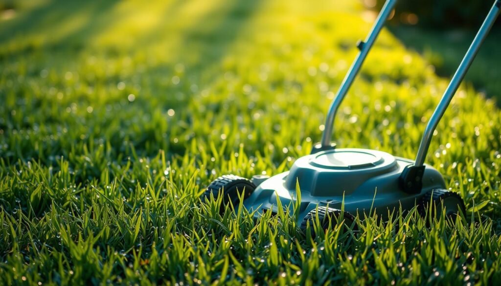 A lush, verdant lawn glistens with morning dew, the blades of grass shimmering under the soft, diffused light of the early sun. In the foreground, a lawn mower stands idle, its blades poised to cut through the dewy turf. The scene evokes a sense of tranquility, yet also a subtle tension - the potential risks of mowing in such conditions linger in the air, hinting at the potential pitfalls that may await the unsuspecting homeowner. The background is blurred, drawing the viewer's focus to the central dilemma, inviting them to consider the tradeoffs and consequences of mowing dewy grass. A lush, verdant lawn glistens with morning dew, the blades of grass shimmering under the soft, diffused light of the early sun. In the foreground, a lawn mower stands idle, its blades poised to cut through the dewy turf. The scene evokes a sense of tranquility, yet also a subtle tension - the potential risks of mowing in such conditions linger in the air, hinting at the potential pitfalls that may await the unsuspecting homeowner. The background is blurred, drawing the viewer's focus to the central dilemma, inviting them to consider the tradeoffs and consequences of mowing dewy grass.