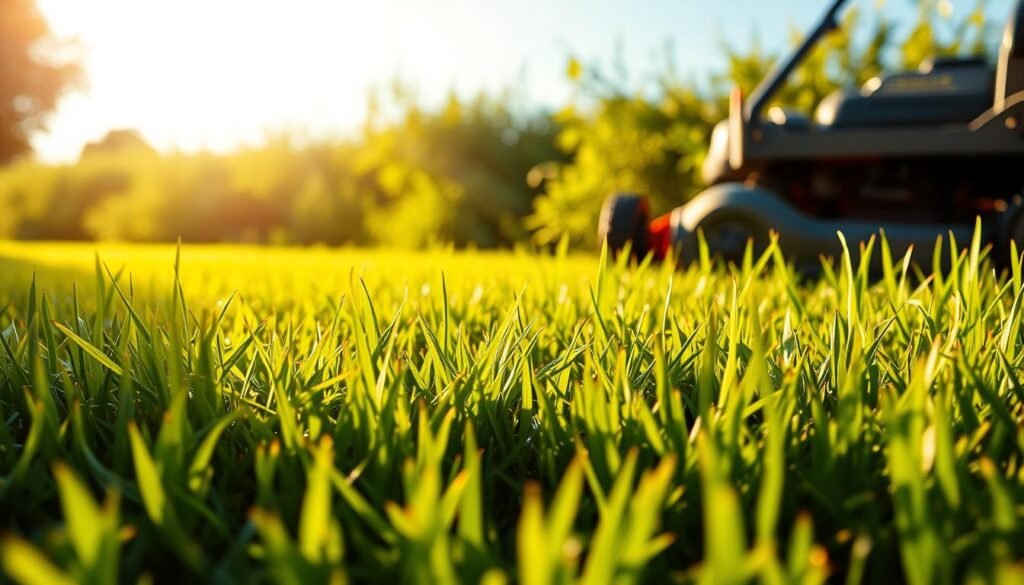 A lush, verdant lawn under the warm glow of the afternoon sun. In the foreground, a freshly mowed swath of grass, its blades gently swaying in a light breeze. The middle ground showcases a lawn mower, its sharp blades gleaming, poised to tackle the remaining uncut sections. In the background, a backdrop of flourishing greenery and a clear, blue sky, creating a serene and inviting atmosphere. The scene conveys the optimal timing for mowing a new lawn, striking a balance between allowing the grass to establish its roots while maintaining a well-groomed, healthy appearance. A lush, verdant lawn under the warm glow of the afternoon sun. In the foreground, a freshly mowed swath of grass, its blades gently swaying in a light breeze. The middle ground showcases a lawn mower, its sharp blades gleaming, poised to tackle the remaining uncut sections. In the background, a backdrop of flourishing greenery and a clear, blue sky, creating a serene and inviting atmosphere. The scene conveys the optimal timing for mowing a new lawn, striking a balance between allowing the grass to establish its roots while maintaining a well-groomed, healthy appearance.