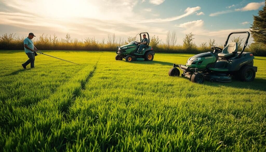 A lush, verdant lawn with a side-by-side comparison of different mowing equipment. In the foreground, a push lawn mower effortlessly carves through the grass, leaving a freshly mowed path. In the middle ground, a riding lawn mower efficiently covers a larger swathe, its engine's hum echoing across the expanse. In the background, a robust zero-turn mower deftly navigates around obstacles, maximizing the lawn's area covered per pass. Warm, golden sunlight filters through wispy clouds, casting natural shadows and highlighting the vibrant green hues. The scene conveys a sense of productivity and efficiency, showcasing the differences in mowing time and capabilities between the various equipment types. A lush, verdant lawn with a side-by-side comparison of different mowing equipment. In the foreground, a push lawn mower effortlessly carves through the grass, leaving a freshly mowed path. In the middle ground, a riding lawn mower efficiently covers a larger swathe, its engine's hum echoing across the expanse. In the background, a robust zero-turn mower deftly navigates around obstacles, maximizing the lawn's area covered per pass. Warm, golden sunlight filters through wispy clouds, casting natural shadows and highlighting the vibrant green hues. The scene conveys a sense of productivity and efficiency, showcasing the differences in mowing time and capabilities between the various equipment types.