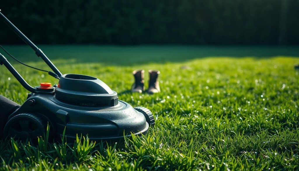 A lush, well-manicured lawn glistens with droplets of fresh rain, the ground still damp and dark. In the foreground, a professional-grade electric lawn mower stands idle, its blades awaiting the optimal moment to resume their work. The scene is bathed in a soft, diffused natural lighting, casting long shadows across the verdant expanse. In the middle ground, a pair of boots belonging to a thoughtful homeowner pause, considering the perfect waiting time before safely mowing the wet grass. The background fades into a hazy, atmospheric blur, emphasizing the tranquility and patience required for this task. The overall mood is one of anticipation, as the homeowner prepares to resume their lawn care duties while respecting the post-rain conditions. A lush, well-manicured lawn glistens with droplets of fresh rain, the ground still damp and dark. In the foreground, a professional-grade electric lawn mower stands idle, its blades awaiting the optimal moment to resume their work. The scene is bathed in a soft, diffused natural lighting, casting long shadows across the verdant expanse. In the middle ground, a pair of boots belonging to a thoughtful homeowner pause, considering the perfect waiting time before safely mowing the wet grass. The background fades into a hazy, atmospheric blur, emphasizing the tranquility and patience required for this task. The overall mood is one of anticipation, as the homeowner prepares to resume their lawn care duties while respecting the post-rain conditions.